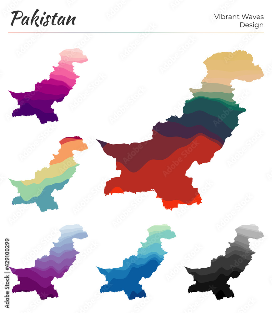 Poster Set of vector maps of Pakistan. Vibrant waves design. Bright map of country in geometric smooth curves style. Multicolored Pakistan map for your design. Powerful vector illustration.