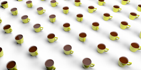 A pattern of many coffee cups on a white background. Minimalistic concept. 3d rendering