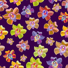 Seamless floral pattern with bright pink purple orchid phalaenopsis on dark background. Exotic tropical flowers print. Vector design illustration