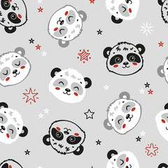 Cute Panda Bears and Stars Seamless Pattern. Childish Background with Little Black and White Chinese or Bamboo Bear Heads. Vector Baby Animals Drawing for Tee Print for Kids