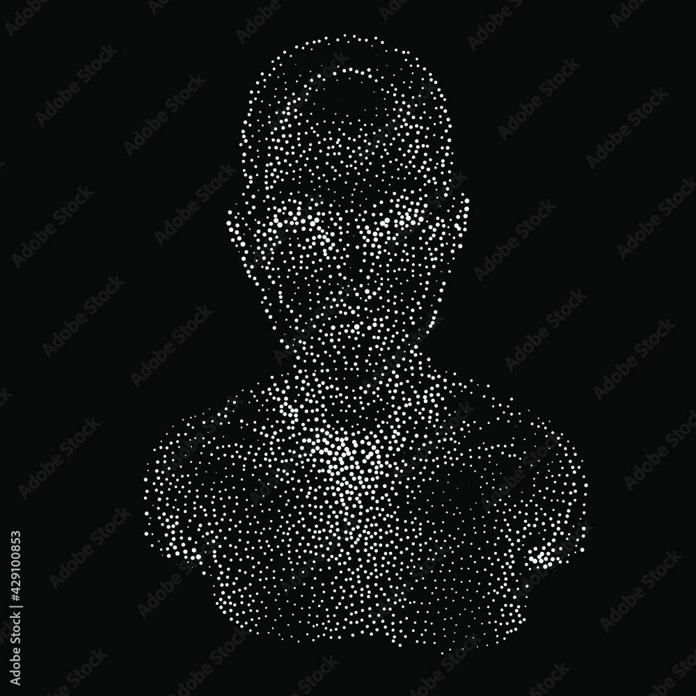 Poster Silhouette of a 3d human head made of dots and particles. Concept of Artificial intelligence and Neural Network.