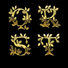 Golden leaf style font alphabet - letters Q-T
