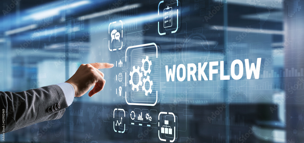 Poster workflow repeatability systematization buisness process. business technology internet