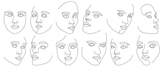 Obraz premium Set of female faces drawn with one continuous line. Minimalistic abstract portraits of beautyful women. Modern fashion concept. Black sketch on white background
