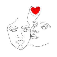 Two female faces drawn with one continuous line. Minimalistic abstract portraits of beautyful women. Modern fashion concept. Black sketch and red heart on white background