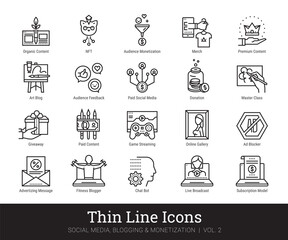 Social media marketing, blog monetization modern thin line icons set. Art, info business linear illustration concept for web and mobile app. Social network, blogging, content making, social marketing.