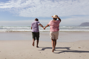 Rear view of senior african american couple holding hands running on the beach - Powered by Adobe