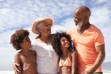African american grandparents and grandchildren smiling at the beach