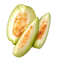 Fresh melon pieces isolated on white background