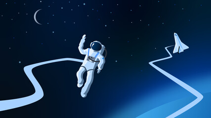 astronaut performing a spacewalk in orbit of planet Earth.  Vector illustration