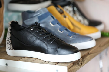 Shelf of women's shoes on display in fashion boutique