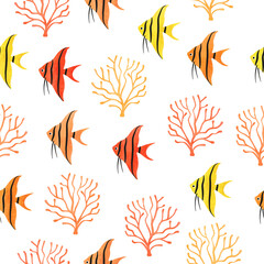 Fototapeta na wymiar Bright Fish seamless pattern. Underwater watercolor coral reef background. Hand drawn corals and angelfish. 
