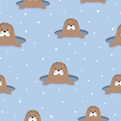 Seamless cute cartoon seals pattern. Vector background for kids with funny marine animals.