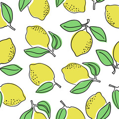 Seamless lemons pattern. Minimal one line citrus lemon fruit vector illustration.