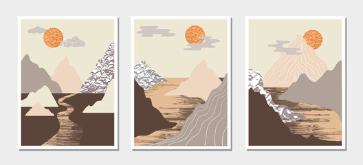 Mountain landscapes. Wall art minimal design vector set. Collection of trendy posters.