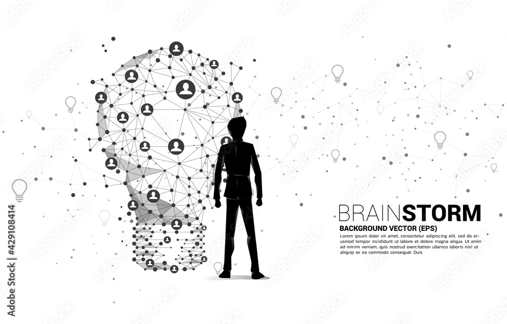 Poster businessman standing with light bulb from wireframe polygonal lines connect dot geometric with peopl