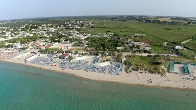 Aerial view, public beach by the sea, Spiaggiabella Beach,, Torre Rinalda, Lecce, Apulia, Italy