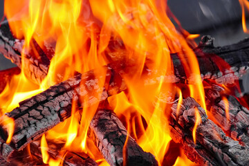 A Fire with coals and fire on nature picnic background. Burns out a bonfire for food on the street