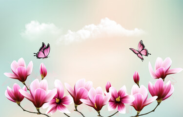 Nature background with beautiful magnolia branches on sky with clouds and butterflies. Vector.