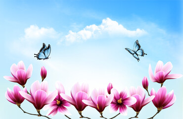 Nature spring background with beautiful magnolia branches on blue sky and butterflies. Vector.