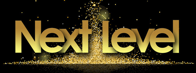 Next Level in golden stars and black background