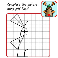 Educational game for kids. Simple exercise. Windmill. Drawing using grid. Symmetrical drawing. Vector illustration.