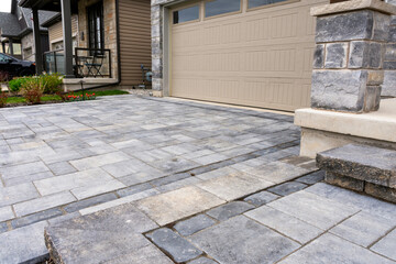 Luxury hardscape driveway shows pavers with pattern and  and matching landing and step. - obrazy, fototapety, plakaty