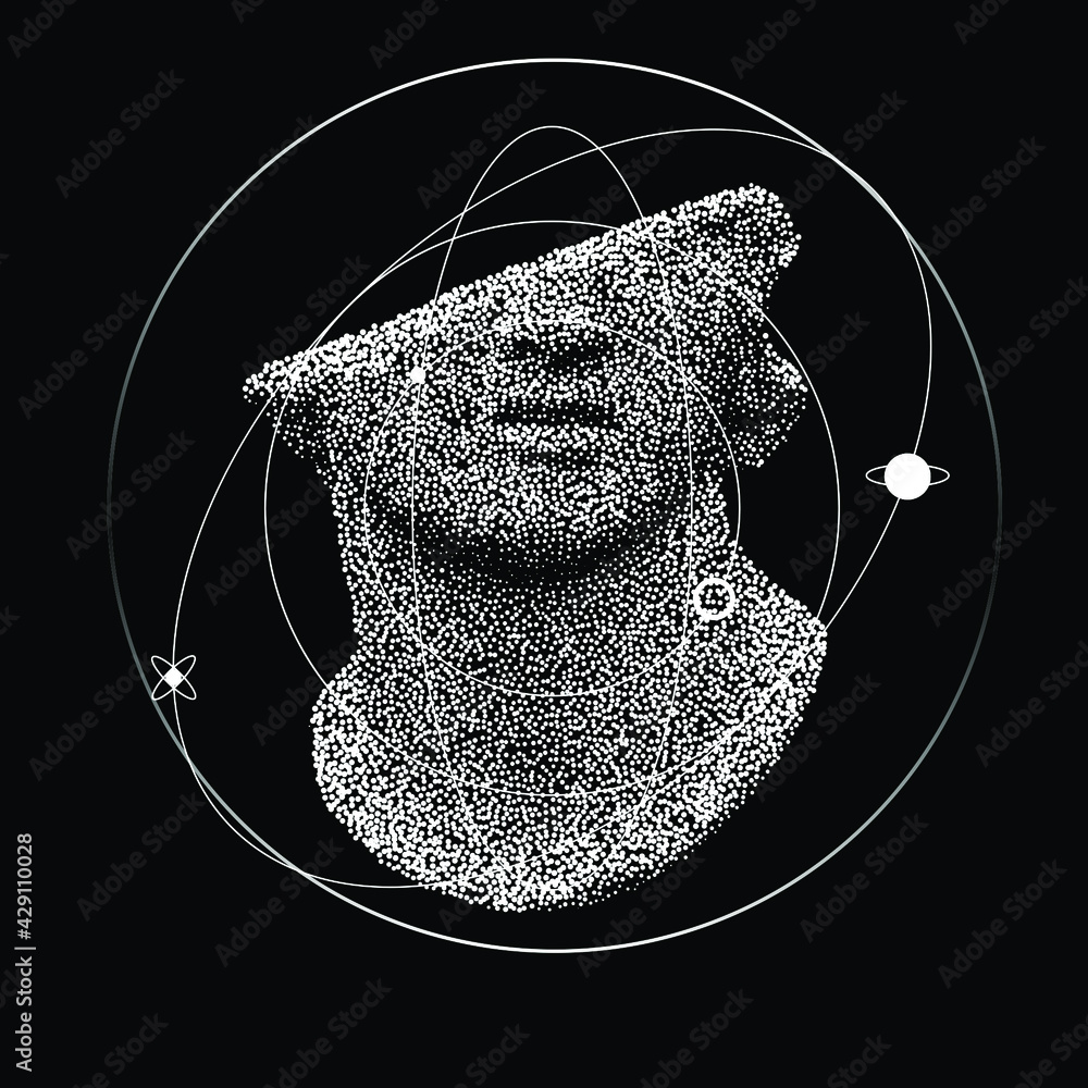 Poster 3d ancient sculpture made or dots and particles.