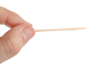 Woman with wooden toothpick on white background, closeup