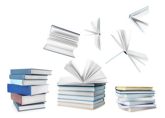 Stacked and flying books on white background, collage
