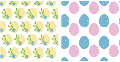Vector set of design Easter seamless patterns with Easter eggs, leaves, color flower.For greeting card, invitations, textile, wrapping paper, fabric, web.Happy Easter.Christian holiday.Spring