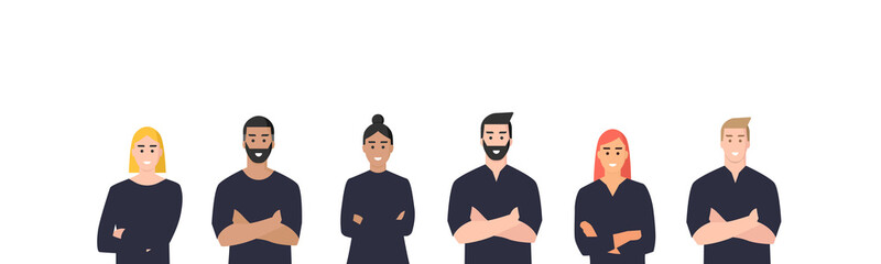 Fototapeta premium Personas. Hombres y mujeres. Grupo o equipo de trabajo. Concepto de portada. Ilustración vectorial aislada en fondo blanco