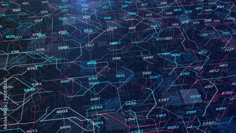 Poster flying inside virtual processor with running electrons and digital codes. animation. inverting numbe