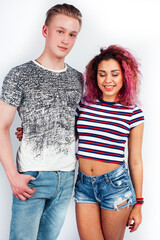 best friends teenage girl and boy together having fun, posing emotional on white background isolated, latin american and caucasian