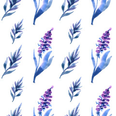 Seamless pattern watercolor hand-drawn blue and purple abstract lavender with leaves isolated on white background. Branch nature object for florist, wedding, celebration, wallpaper, textile, wrapping