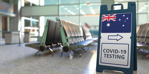 COVID-19 testing text and flag of Australia on a sandwich board sign in the airport terminal, 3D rendering