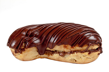 Sweet with chocolate and cream icing inside on white background