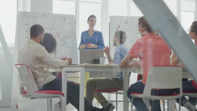 Through glass people listening boss office. Female coach presenting project