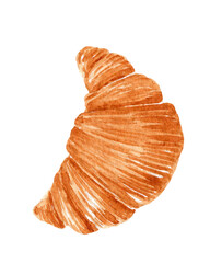 French croissant with golden crust isolated on white background. Watercolor hand-drawn illustration. Perfect for your project, menu, decorations, cards.