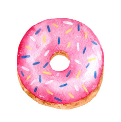 Glazed pink donut with colored sprinkles isolated on white background. Watercolor hand-drawn illustration. Perfect for your projects, cards, prints, covers, logo, menu, decorations.