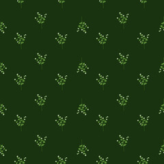 Bloom dark seamless pattern with wildflowers green silhouettes. Dark green background.