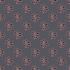 Pink contoured doodle carnation flowers ornament. Grey background. Dark tones botanic backdrop.