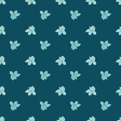Vintage seamless pattern with blue little orchid flower shapes. Navy blue dark background.