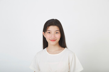 young woman smiling isolated on white background.