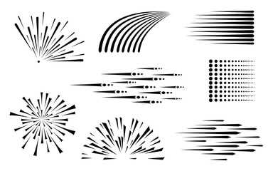 Fototapeta na wymiar Speed line. Speed comic book. Background of radial lines. Set of various symbols of movement, speed, explosion, radiance, flying particles. Black silhouette. Isolation. Vector
