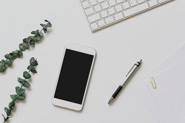 Smartphone and documents on the white desk. 白いデスクの上のスマホと書類	
