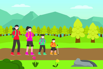 New normal vector concept: Young parents and their children hiking together while wearing face mask in new normal