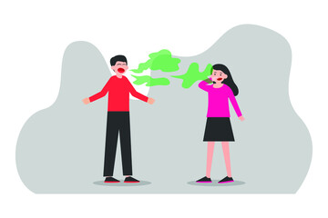 Sickness vector concept: Young woman smelling bad breath from a man while standing together