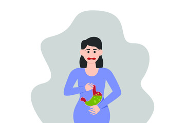 Sickness vector concept: Young woman suffering gastric pains while holding her stomach