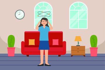Sickness vector concept: Young woman suffering headache while standing at home and touch her head